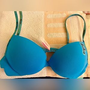 PINK VS Victoria's Secret  Push Up Bra Size 34A blue Padded Cup pink w polkadots